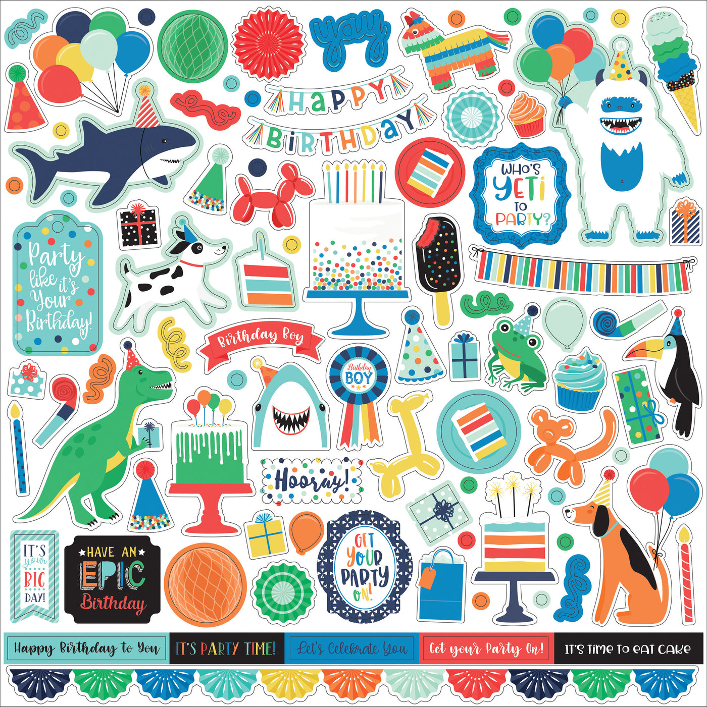 It's Your Birthday Boy Elements 12" x 12" Cardstock Stickers from the It's Your Birthday Boy  Collection by Echo Park. These stickers include balloons, banners, candles, phrases, borders, and more!  