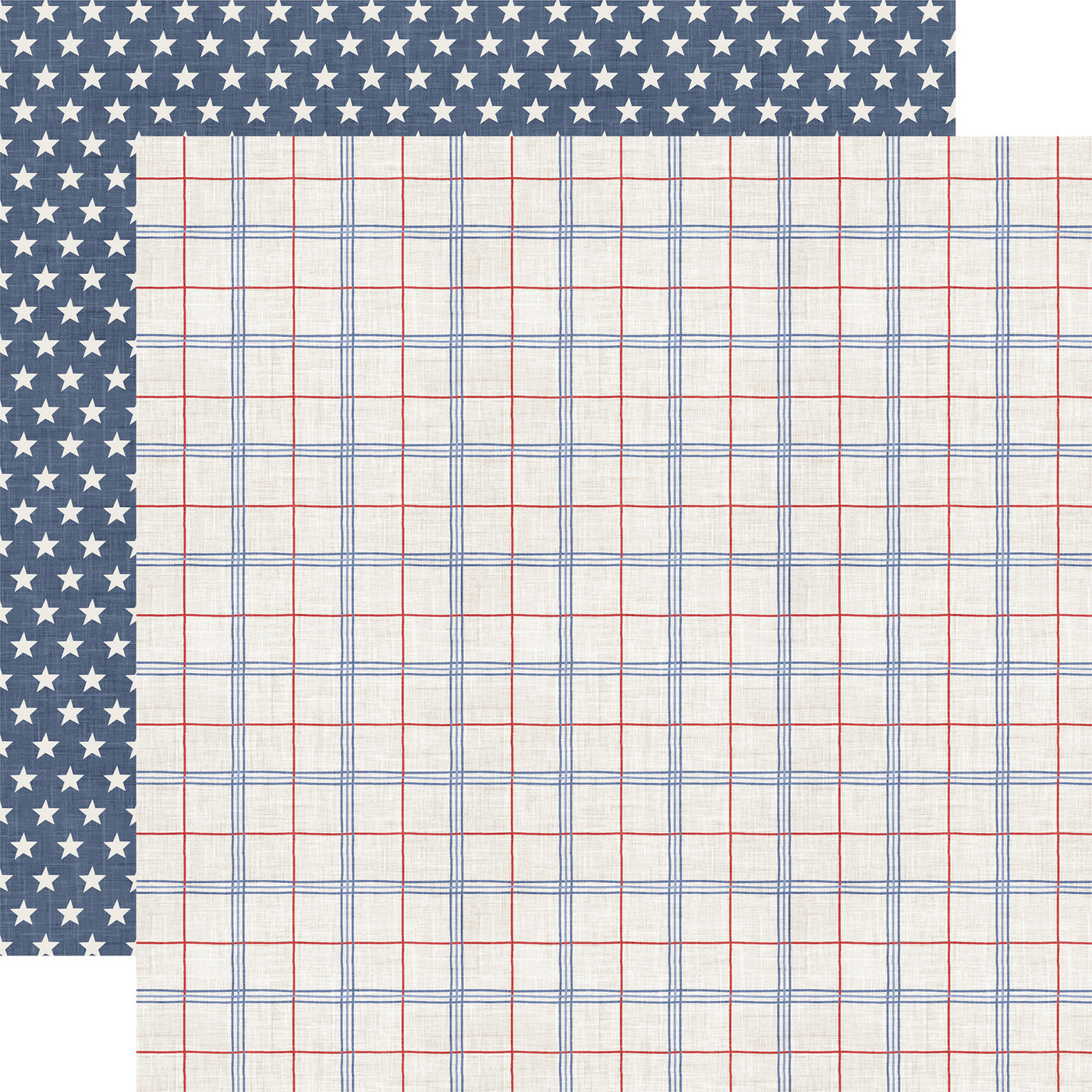 (Side A - a subtle plaid pattern on an off-white, textured background, formed by thin intersecting red and blue lines; Side B - repeating pattern of small white stars on a textured blue background)