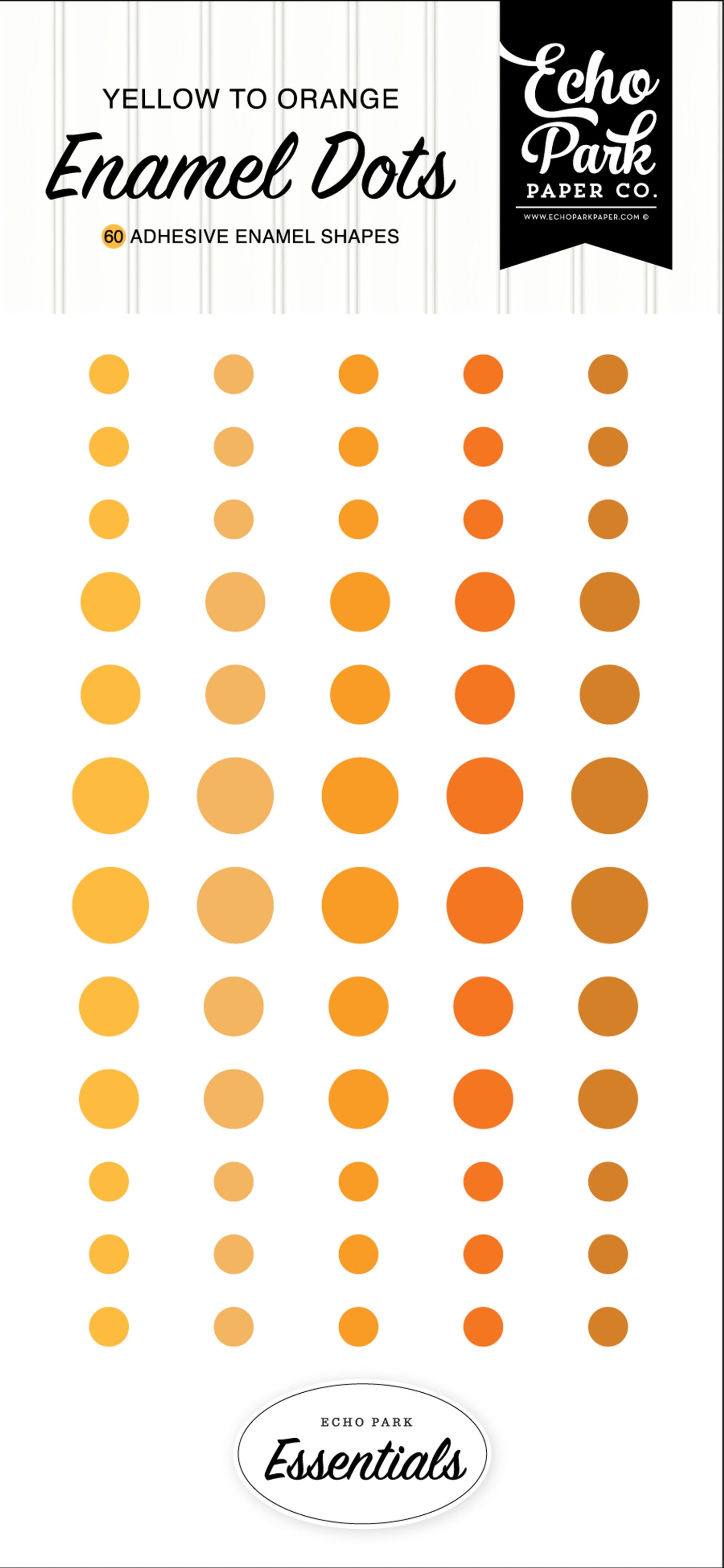 Sixty enamel dots in yellows, in three sizes, with an adhesive back, designed to coordinate with the Essentials Collection by Echo Park.
