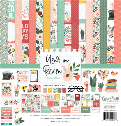 The YEAR IN REVIEW 12x12 Collection Kit by Echo Park is a delightful assortment of crafting essentials for all your creative projects. This kit features a charming array of patterned papers, coordinating stickers, and ephemera, all designed with a calendar-inspired theme.