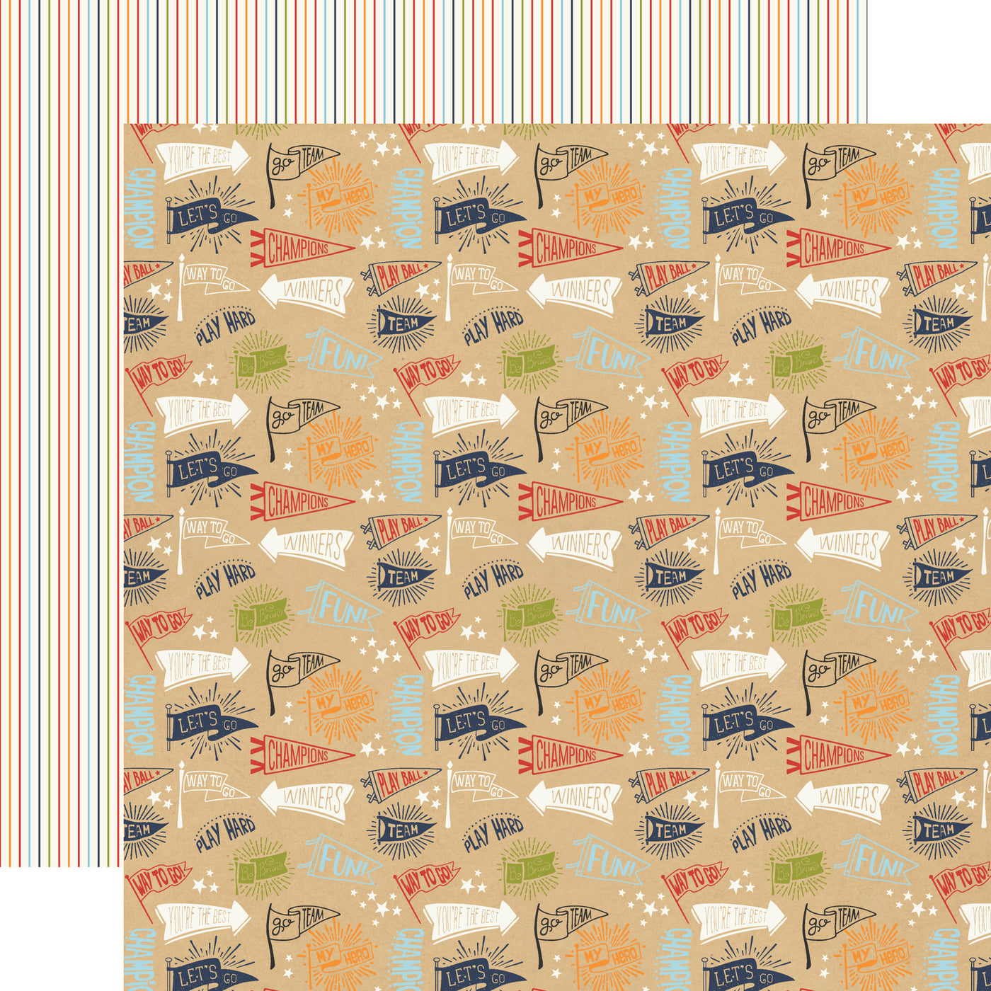 Patterned paper with colorful text and designs on a beige background, colored pin stripes reverse.