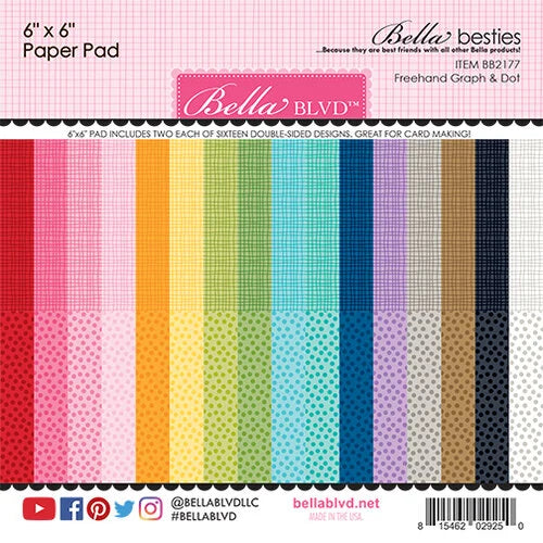 6x6 pad with 32 double-sided polka-dots and matching graph reverse; each page is a different color; Rainbow Graph & Dot Collection by Bella Blvd.