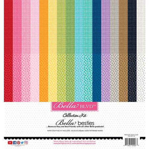 This pack of thirty-two 12" x 12" double-sided papers, the Graph & Dot Rainbow besties kit, is versatile for card making and crafts by Bella Blvd.