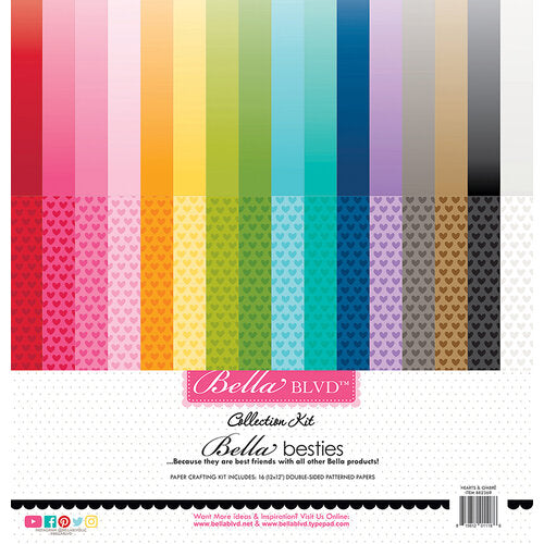 This pack of thirty-two 12" x 12" double-sided papers, the Hearts & Ombre Rainbow besties kit, is versatile for card making and crafts by Bella Blvd.
