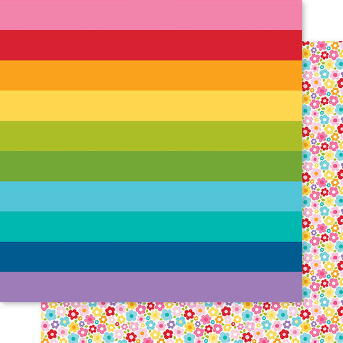 (Side A - thick stripes in rainbow colors, Side B - matching rainbow-colored flowers all over a white background)