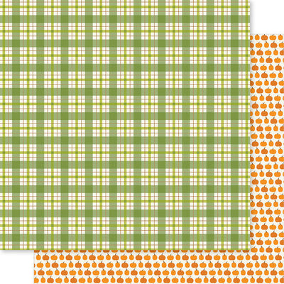 12x12 patterned cardstock. (Side A - green plaid on a white background, Side B - rows of pumpkins on a cream background) Double-sided paper printed on both sides. Smooth surface. Acid & lignin-free.