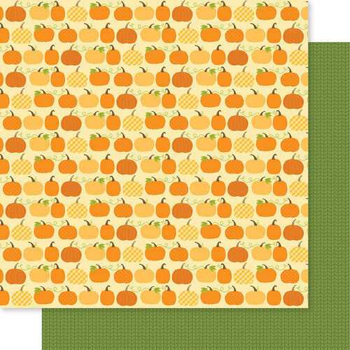 12x12 patterned cardstock. (Side A - orange pumpkins with patterns on a yellow background, Side B - rows of green chevron patterns on a green background) Double-sided paper printed on both sides. Smooth surface. Acid & lignin-free.