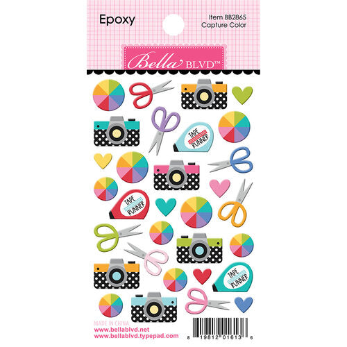 Camera epoxy stickers with thirty-two multi-color, self-adhesive epoxy in multiple sizes by Bella Blvd.