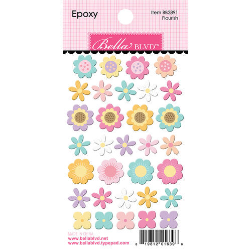 Flower epoxy stickers with thirty-two multi-color, self-adhesive epoxy in two sizes by Bella Blvd.