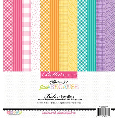 This pack of twelve 12" x 12" double-sided papers, Just Because Bestie-prints assortment, is Versatile for card making and crafts—Bella Blvd.