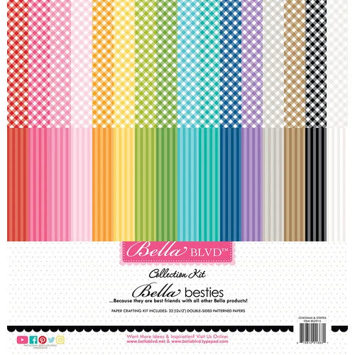 This pack of thirty-two 12" x 12" double-sided papers, the Gingham & Stripes Rainbow besties kit, is versatile for card making and crafts by Bella Blvd.