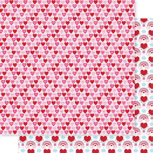 12x12 patterned cardstock. (Side A - rows of pink and red conversation hearts; Side B - rows of red heart balloons and rainbows with clouds in between on a white background) Smooth surface. Acid & lignin-free.