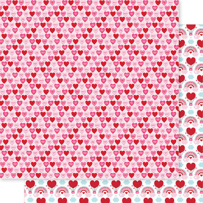 12x12 patterned cardstock. (Side A - rows of pink and red conversation hearts; Side B - rows of red heart balloons and rainbows with clouds in between on a white background) Smooth surface. Acid & lignin-free.