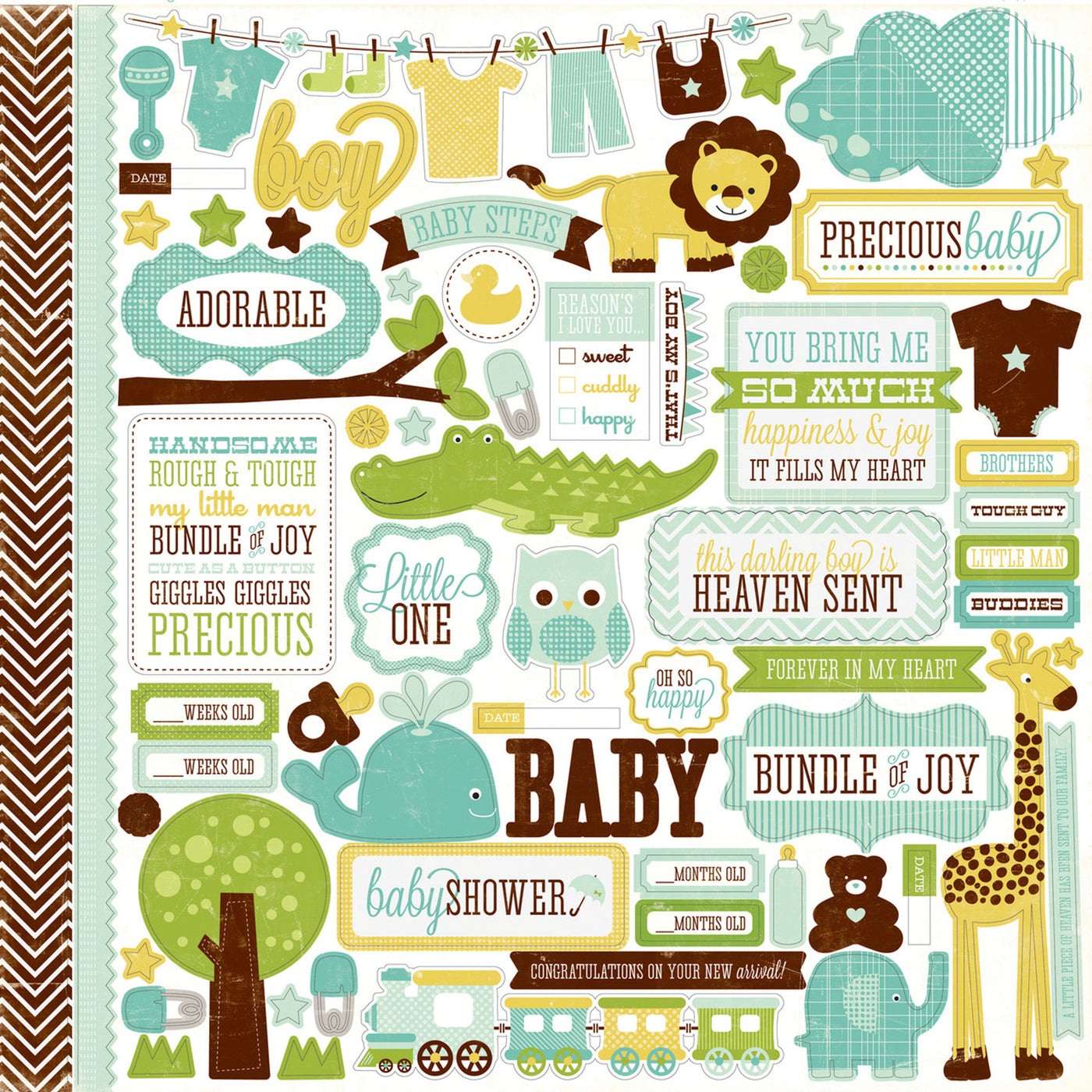 Collection of baby-themed decorative elements with animals and text on a white background