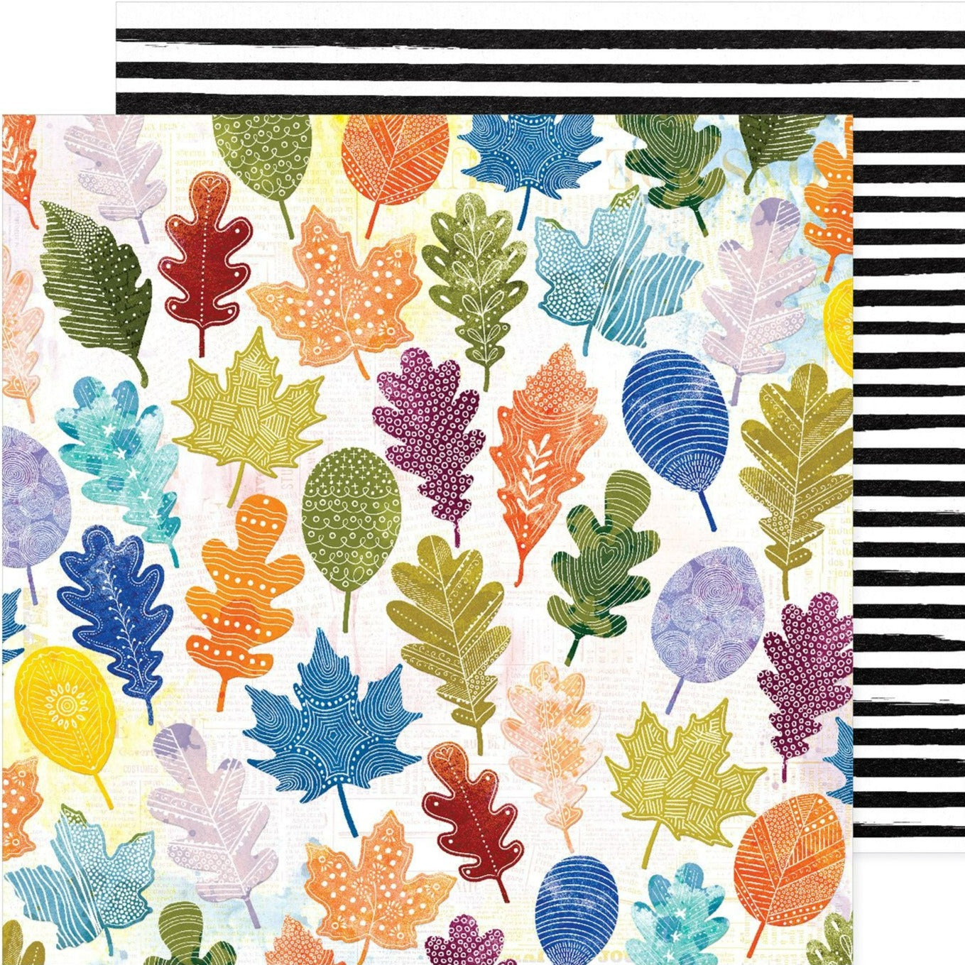 12x12 patterned cardstock. (Side A - beautiful fall leaves in multiple on a white background, Side B - black and white stripes) - Archival-safe and acid-free from American Crafts