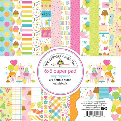 6x6 pad with 24 whimsical double-sided sheets. Great for holiday card making & other happy craft projects. Great for projects for friends. Doodlebug Hey Cupcake Collection.