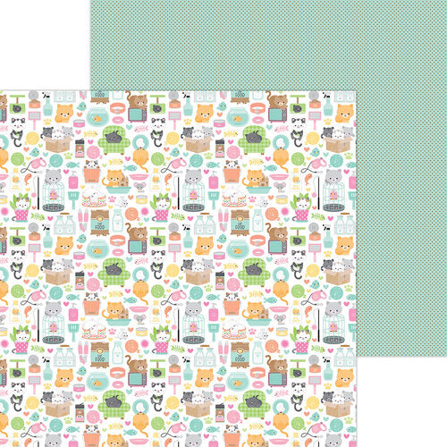 12x12 patterned cardstock. (Side A - cute little kitties and all their accessories on a white background, Side B - black polka dots on a mint green background) Double-sided paper printed on both sides. Smooth surface. Acid & lignin-free.