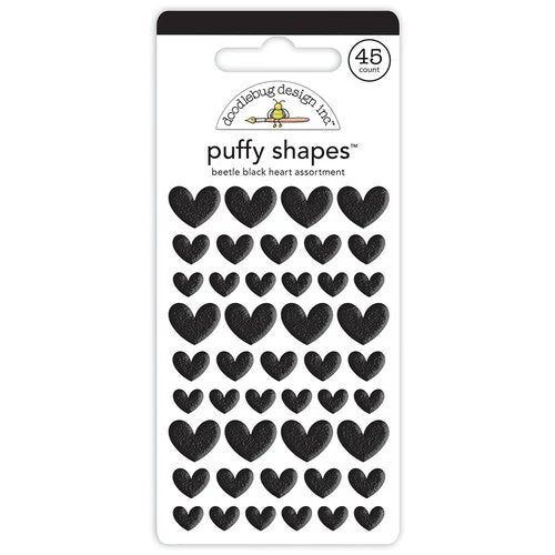 45 Self-adhesive puffy heart shapes in small, medium, and large sizes. All black. From Doodlebug Design.