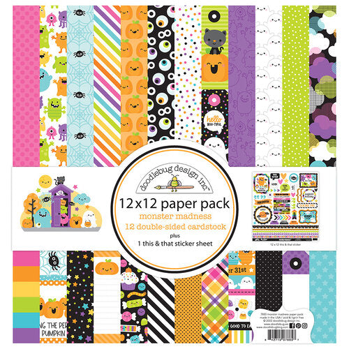 This is a pack of twelve 12" x 12" double-sided papers, and sticker sheet, Monster Madness Collection assortment, versatile for card making and crafts by Doodlebug Design.