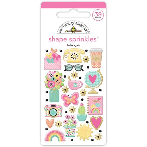 Hello Again Collection sprinkles shapes with gold Foil Accents from Doodlebug Design. Images include flowers, cameras, rainbows, coffee, and more. 