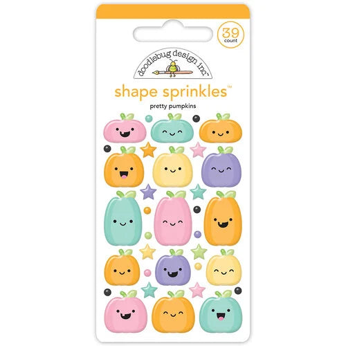 34 count of pumpkins and stars in different shapes and sizes. A fun embellishment for craft projects. Pastel colors by Doodlebug Design.