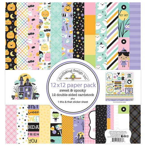 Sweet & Spooky pack has 12 double-sided Halloween-themes sheets and includes a 'this & that' sticker page. Darling designs for Halloween crafting. Doodlebug Design.