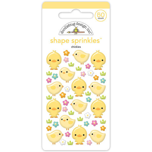 Colorful self-adhesive baby chicks with soft pastel flowers from Doodlebug Design.