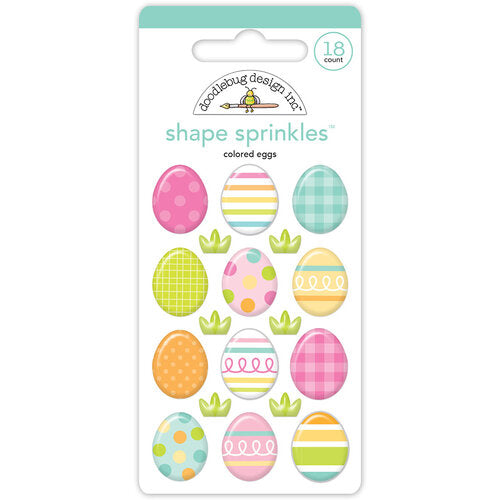 Colorful self-adhesive Easter eggs with different patterns in soft pastels from Doodlebug Design.