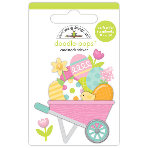 A wheelbarrow filled with Easter eggs and flowers doodle-pops sticker, a fun embellishment for craft projects by Doodlebug Design.