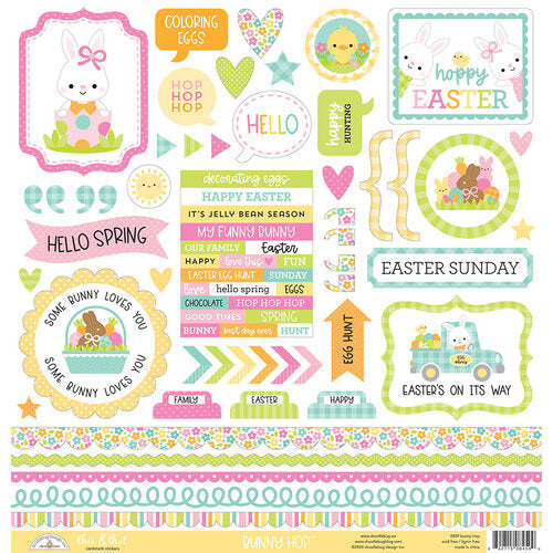 Bunny Hop This & That are 12" x 12" cardstock stickers from the Bunny Hop Collection by Doodlebug. This set of stickers includes Easter eggs, bunny, flowers, baskets, banners, borders, and more!  