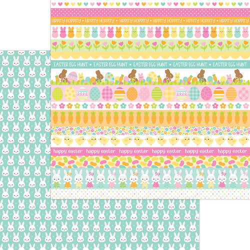 12x12 patterned cardstock. (Side A - Easter borders and phrsaes on a white background, Side B - rows of white bunny heads on a turquoise blue background) Double-sided paper printed on both sides. Smooth surface. Acid & lignin-free.