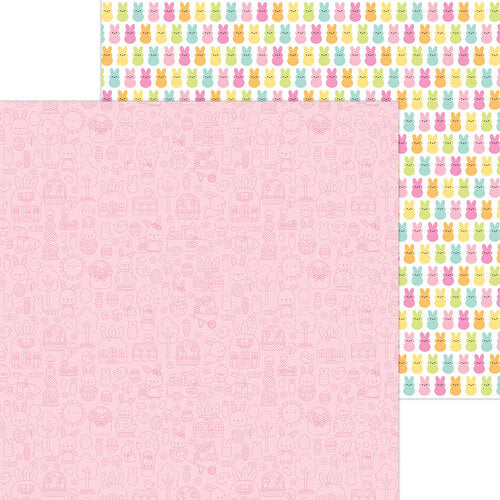 12x12 patterned cardstock. (Side A - pink Easter icons all over on a pink background, Side B - rows of colored bunnies on a white background) Double-sided paper printed on both sides. Smooth surface. Acid & lignin-free.