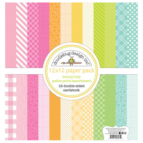 This is a pack of twelve 12" x 12" double-sided papers, Bunny Hop petite-prints assortment, versatile for card making and crafts—Doodlebug Designs