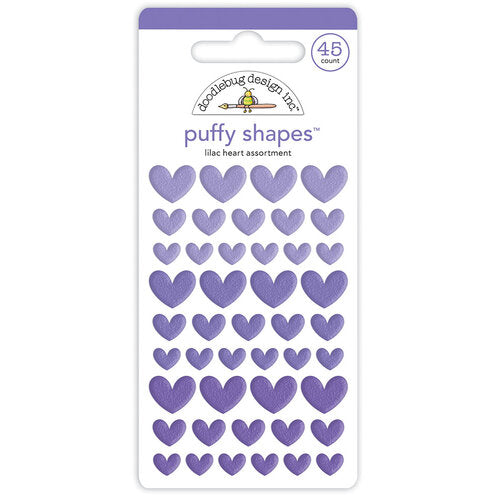 45 Self-adhesive puffy heart shapes in small, medium, and large sizes. All purple. From Doodlebug Design.