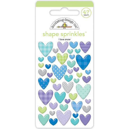 Forty-seven self-adhesive enamel heart shapes. Shapes are self-adhesive and come in three different colors from Doodlebug Design.