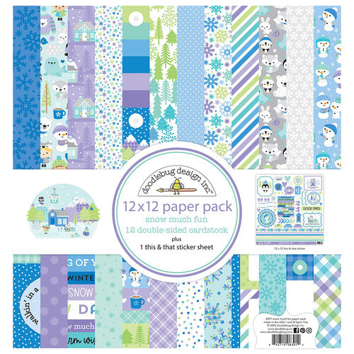 Pack of twelve 12" x 12" double-sided papers and one sticker sheet from the Snow Much Fun collection. Versatile for card making and crafts. Doodlebug Design
