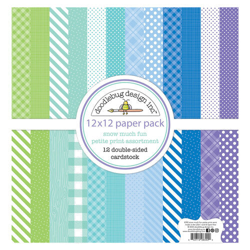 This pack of twelve 12" x 12" double-sided papers. Snow Much Fun petite-prints assortment. Versatile for card making and crafts. 