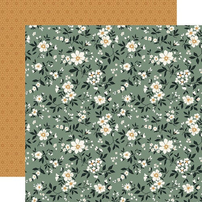 Patterned paper with white flowers and green leaves on a green background