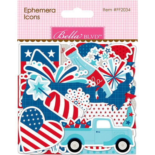 Ephemera Icons die-cut cardstock pieces are part of the Fireworks & Freedom Collection from Bella Blvd. Perfect for cards, scrapbook pages, tags, journals, planners, and other paper crafting projects. 