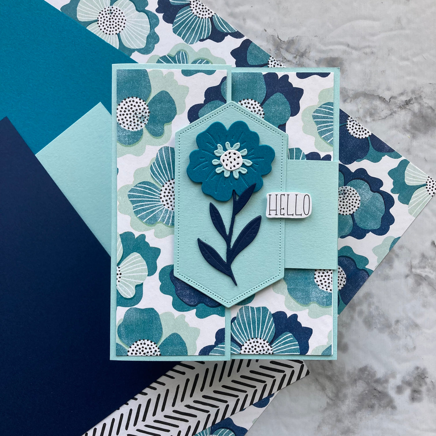 handmade card featuring blue floral patterned paper