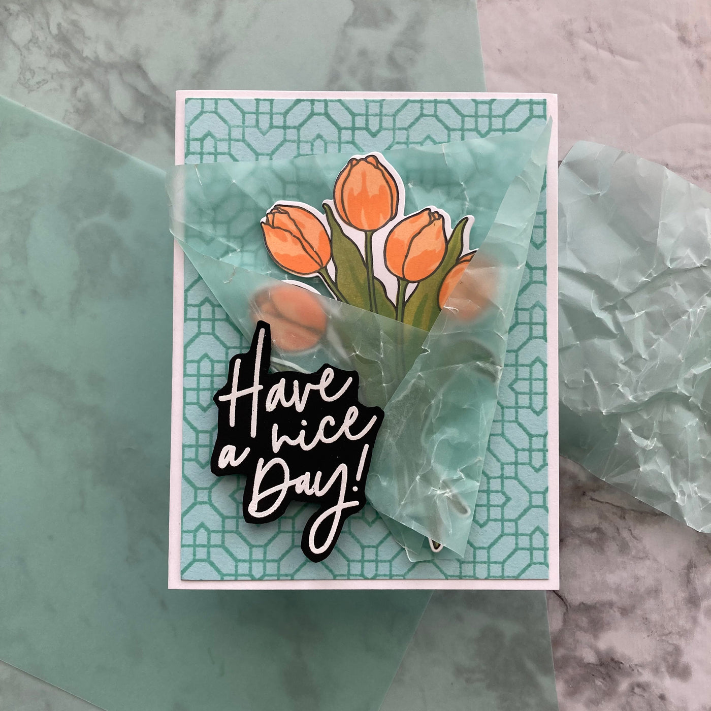 handmade card featuring seaglass blue vellum from Encore Paper