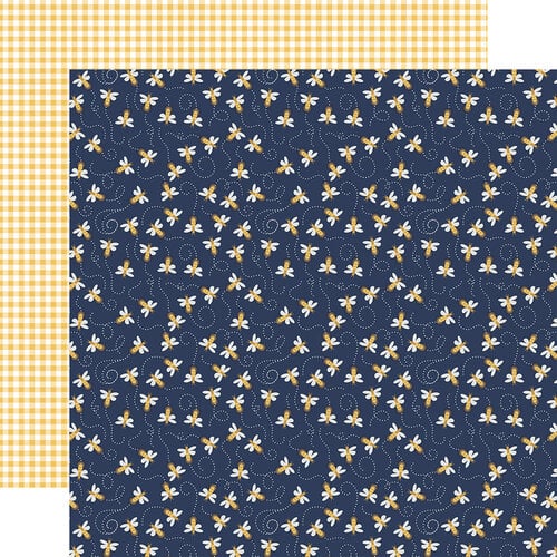 (Side A - dark blue background, adorned with numerous stylized bees with yellow and white bodies and wings. Dotted lines representing flight paths swirl among the bees, adding movement to the design. Side B - gingham or checkered pattern in shades of yellow and white, resembling a classic fabric or picnic blanket)