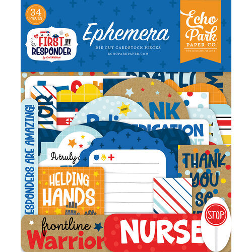 First Responder Ephemera, Die Cut Cardstock Pack includes 34 different die-cut shapes ready to embellish any project.