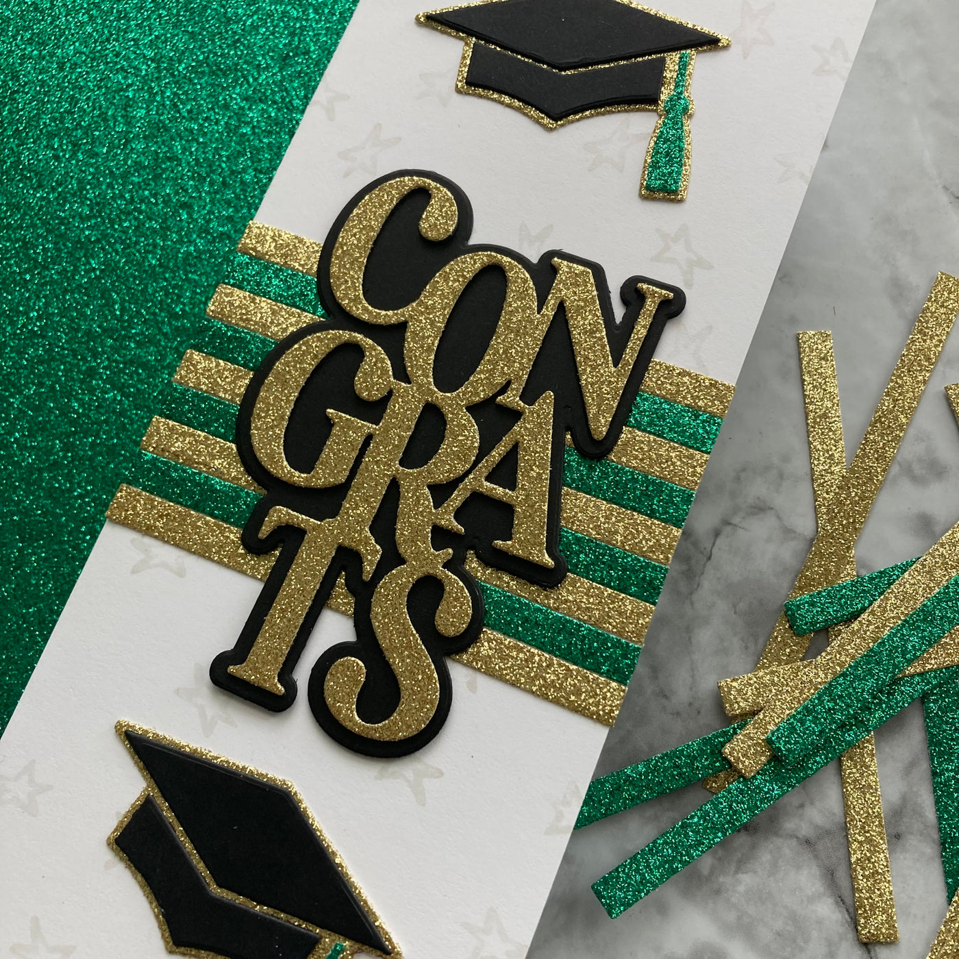 graduation card featuring shamrock green glitter cardstock