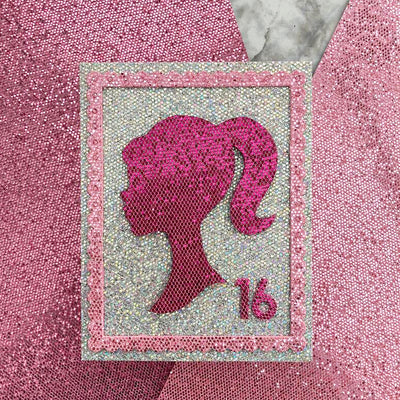 barbie inspired handemade card featuring silver hologram sequin cadsock