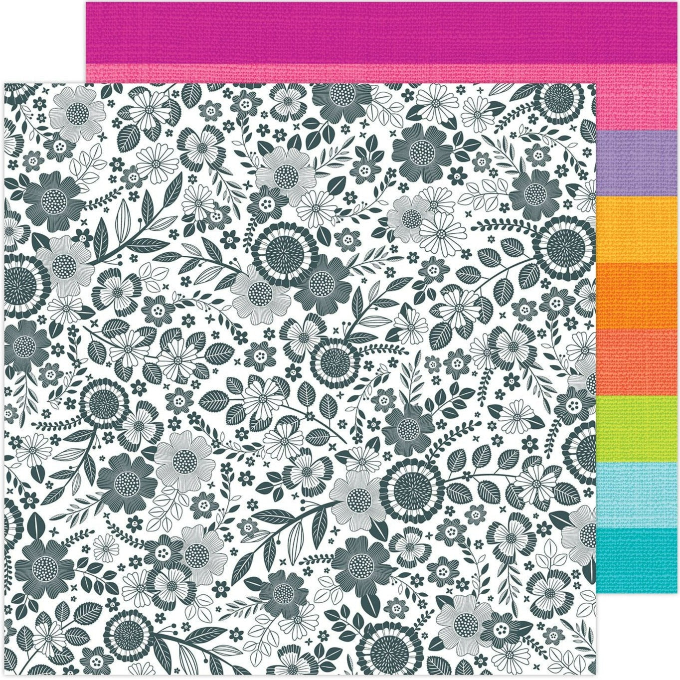 12x12, double-sided patterned paper. (Side A - black and white floral, Side B - wide bright stripes with a twill pattern background)
