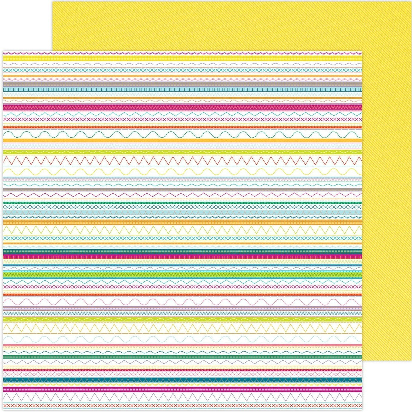 12x12, double-sided patterned paper. (Side A - stitching patterns in a rainbow of colors, Side B - yellow twill pattern background)