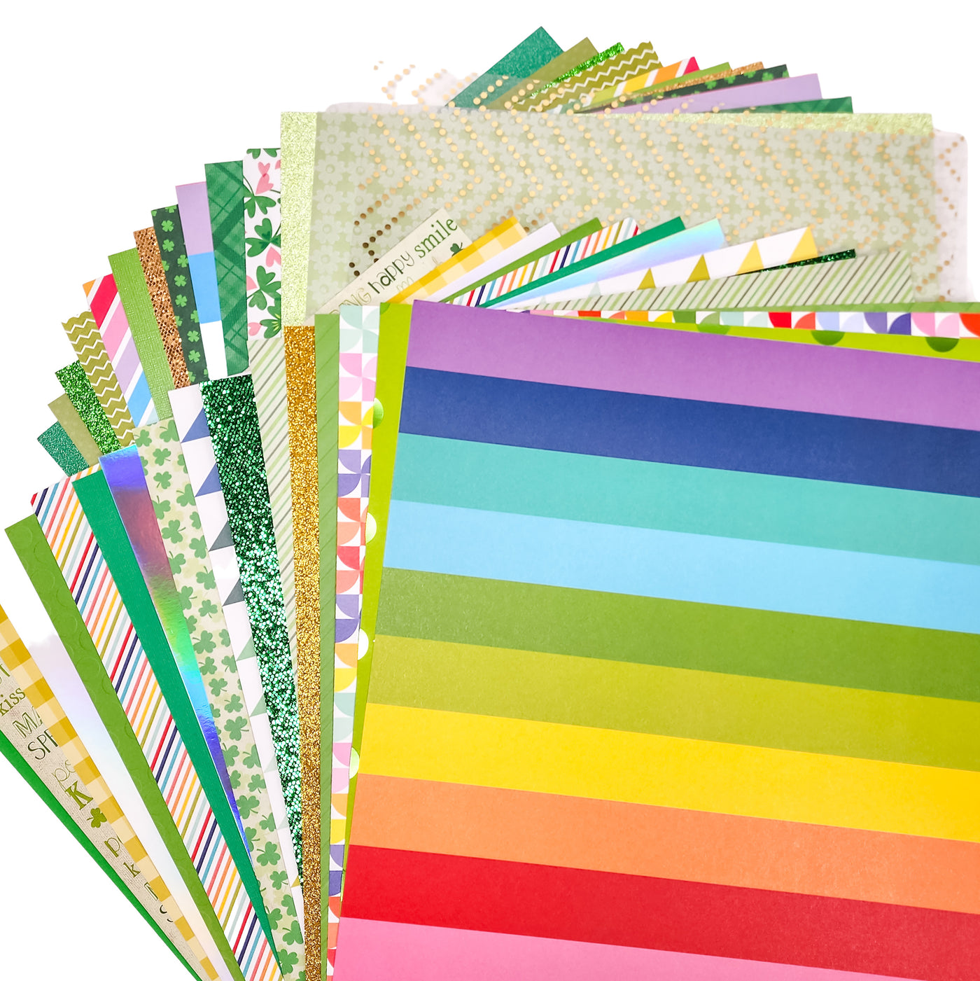 The Pinch Me Patterned Paper Variety Pack includes 30 sheets of cardstock and pattern paper for St. Patrick's Day projects. Includes shamrocks and rainbow patterns, glitter accents, and more. 