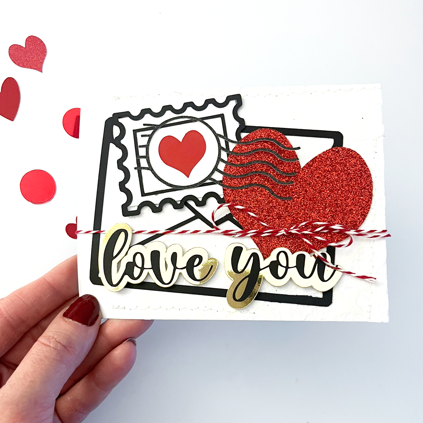 handmade card featuring crimson red glitter cardstock