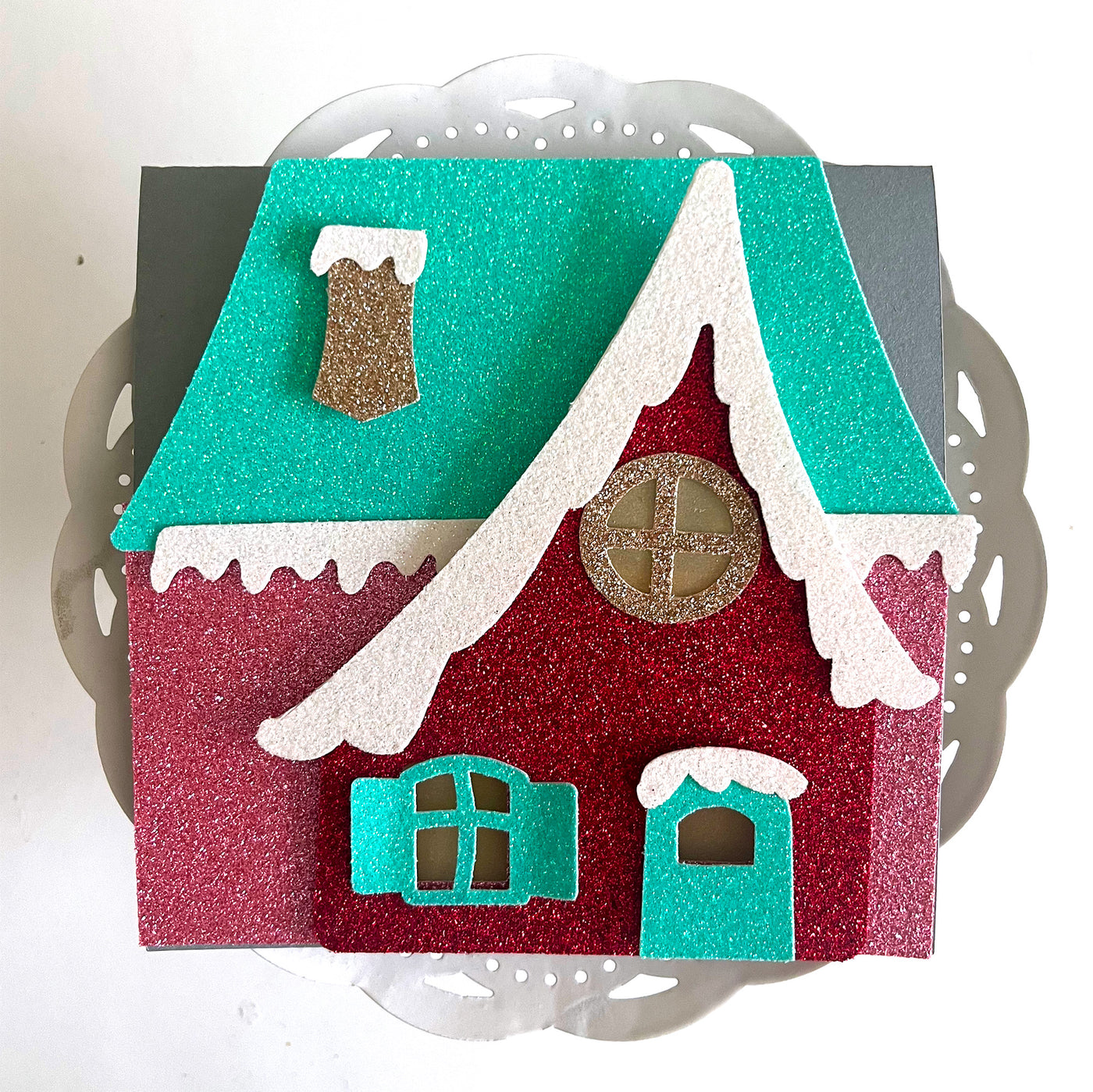 Christmas glitter house card featuring Glitter Luxe cardstock in Raspberry